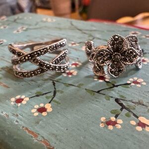 Silver Marcasite Floral and Crisscross Rings - Set of 2